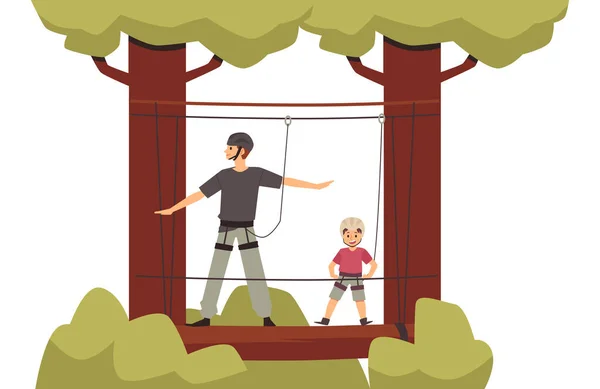 Padre e hijo en la atracción del parque de cuerdas, ilustración vectorial plana aislada. — Vector de stock