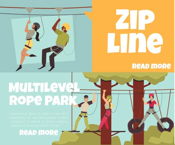 Estacionar corda multilevel e zipline atrações banners, ilustração vetorial plana. —  Vetores de Stock