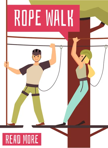 Caminata de cuerda en banner o póster de parque de aventura, ilustración de vector plano. — Vector de stock