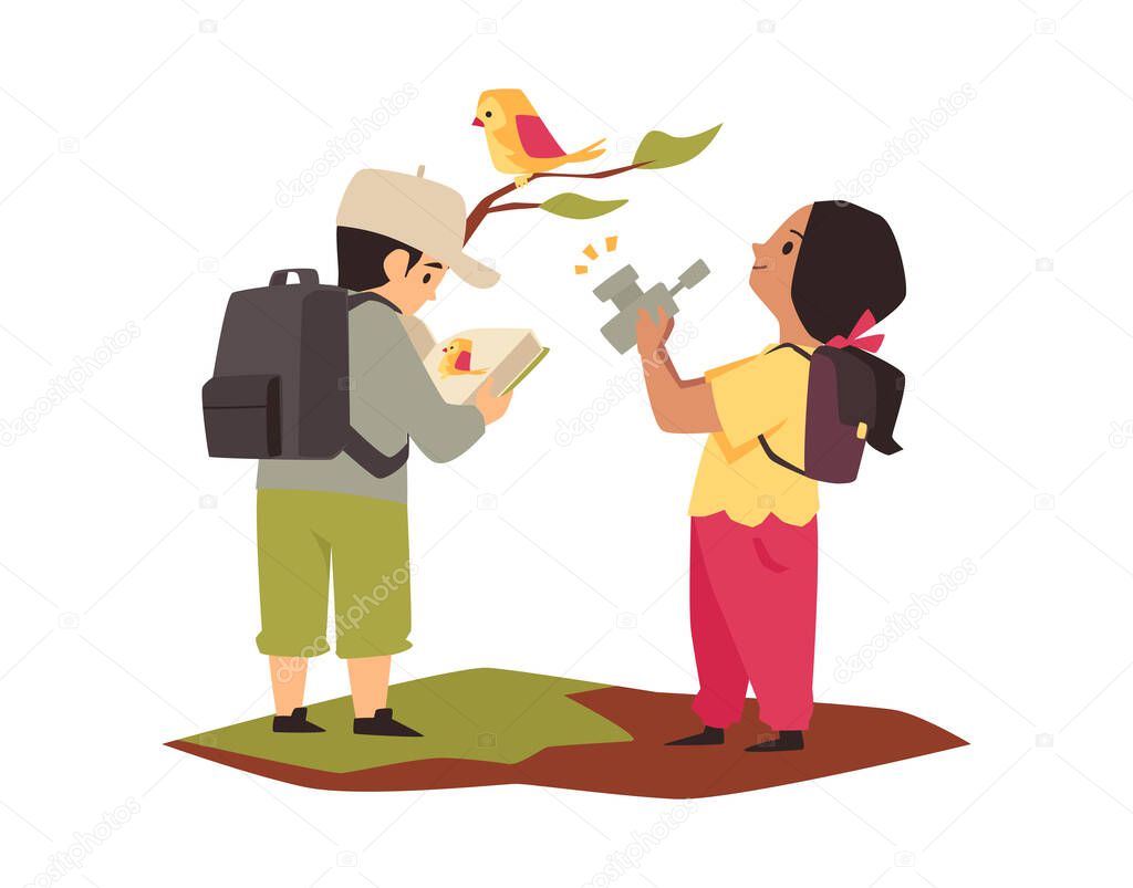 Children observe nature and study wild birds, flat vector illustration isolated.