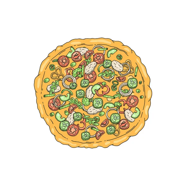 Vue du dessus de pizza italienne ronde avec salami, tomates, roquette, jalapenos en croquis — Image vectorielle