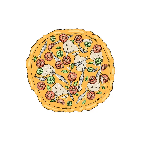 Pizza de anchova com tomate, queijo e vetor realista de desenho animado de pimenta verde. Pizza de peixe para delicioso jantar, vista superior. —  Vetores de Stock