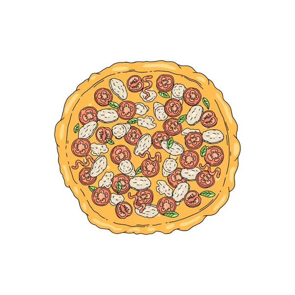 Vista superior de la pizza con carne y tomate, ilustración del vector del boceto aislado. — Archivo Imágenes Vectoriales