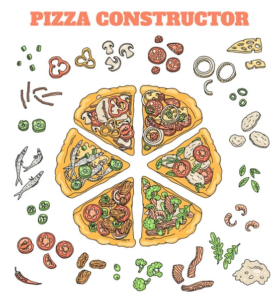 Banner de construcción de pizza con rebanadas de pizza, ilustración vectorial aislada. — Vector de stock