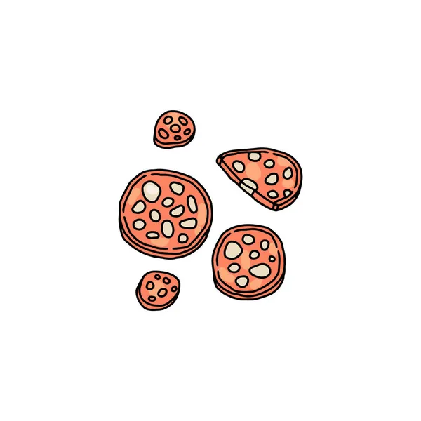 Kawałki salami lub kiełbasy chorizo kolor wektor ilustracja izolowane. — Wektor stockowy
