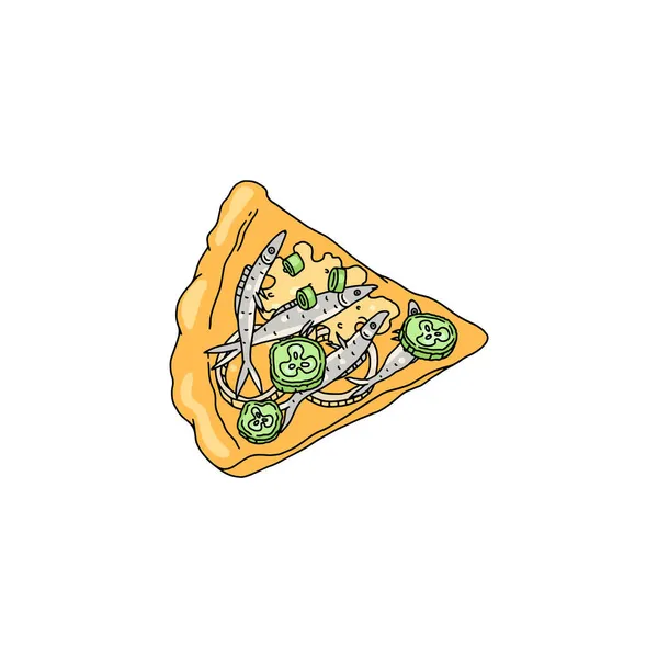 Pizza skiva med ansjovis fiskar, skiss vektor illustration isolerad. — Stock vektor