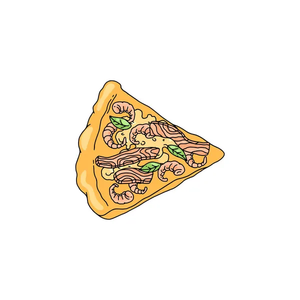 Pizza con ingredienti di pesce disegnato a mano colorato vettoriale illustrazione isolato. — Vettoriale Stock