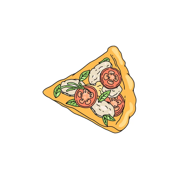 Margarita pizza fatia desenho animado ilustração vetorial. Pedaço de pizza vegetariana com mussarela, tomate e manjericão. — Vetor de Stock