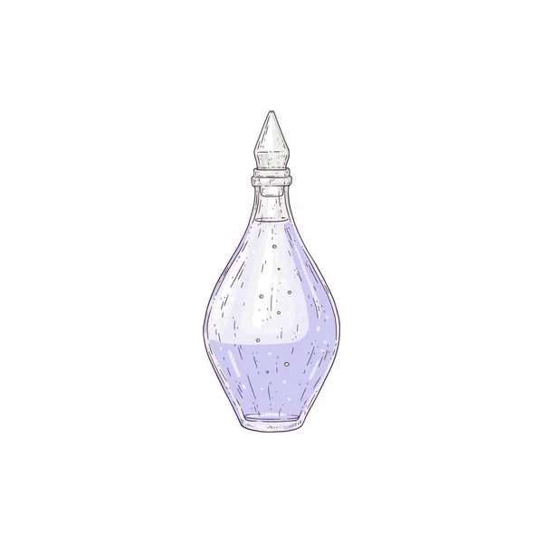 Flacon en verre avec croquis aquarelle à l'huile essentielle. Parfum de lavande, dessiné à la main. Essence médicinale en bouteille en verre. — Image vectorielle
