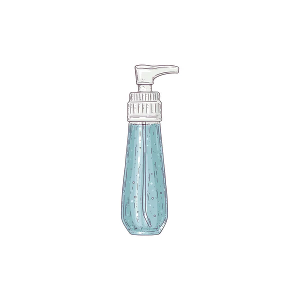 Essentiële olie fles met pomp dispenser, schets vector illustratie geïsoleerd op witte achtergrond. — Stockvector