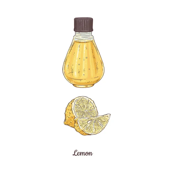 Limón y botella de aceite esencial de cítricos, ilustración vectorial aislada. — Vector de stock
