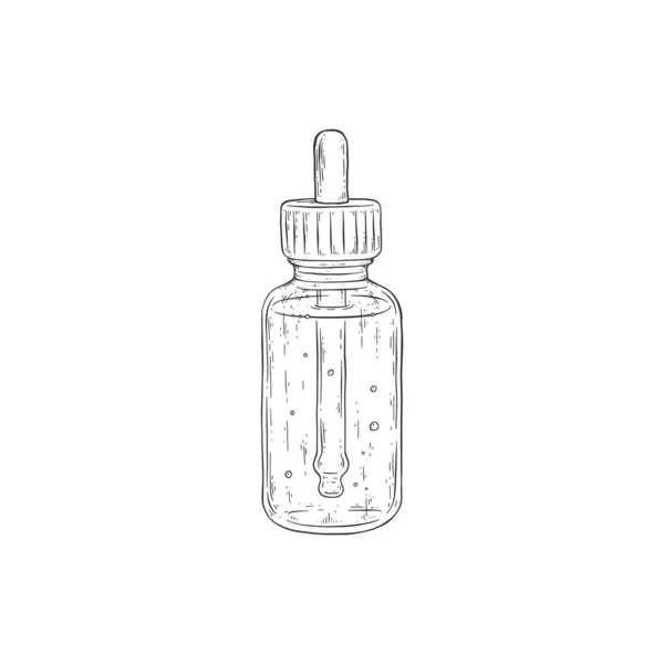 Bottle with dropper for essential oils, engraving vector illustration isolated. — Stock Vector