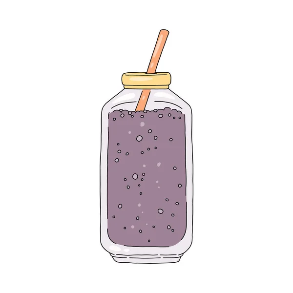 Vruchtensap of smoothie glazen pot met stro, met de hand getekende doodle vector illustratie geïsoleerd op witte achtergrond. — Stockvector