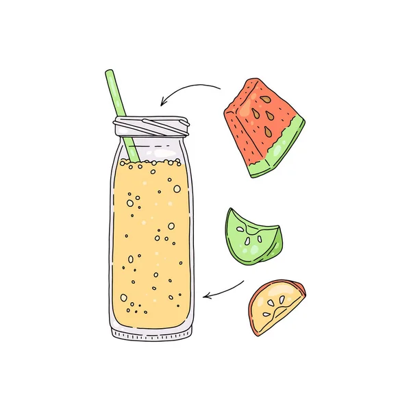 Recette smoothie détox à la pastèque et pomme, illustration vectorielle dessinée à la main isolée sur fond blanc. — Image vectorielle