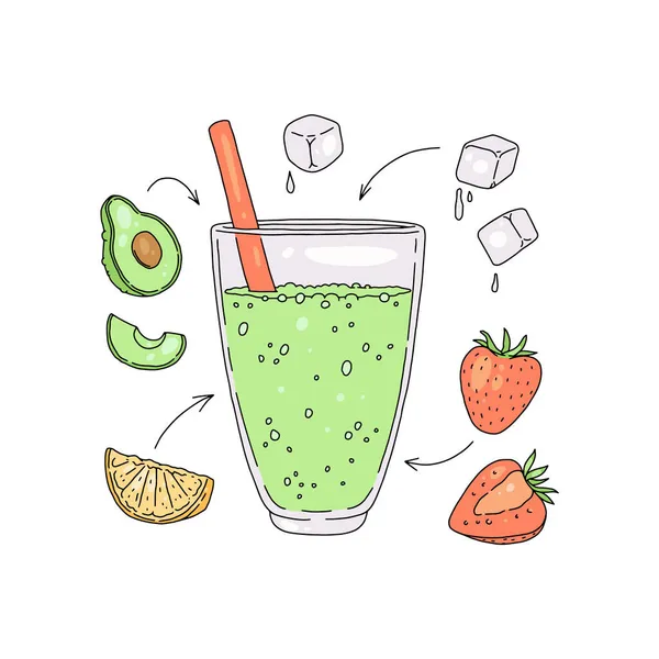 Bevanda verde disintossicante a base di avocado, limone, fragola con cubetti di ghiaccio, paglia — Vettoriale Stock