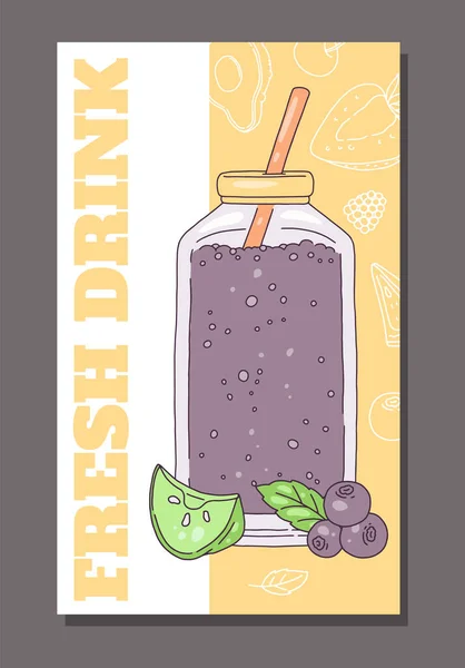 Banner dibujado a mano de bebida fresca con ilustración de vector de boceto de cóctel de fruta. — Archivo Imágenes Vectoriales