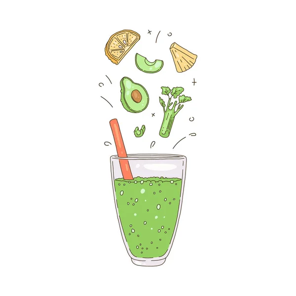 Bebida de desintoxicación o batido con aguacate y apio, ilustración vectorial aislada. — Vector de stock