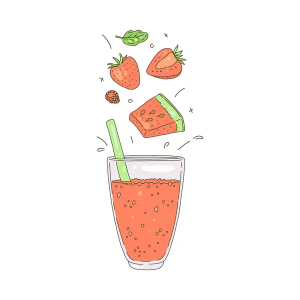 用杯子和新鲜草莓、覆盆子、西瓜在素描中排毒 — 图库矢量图片