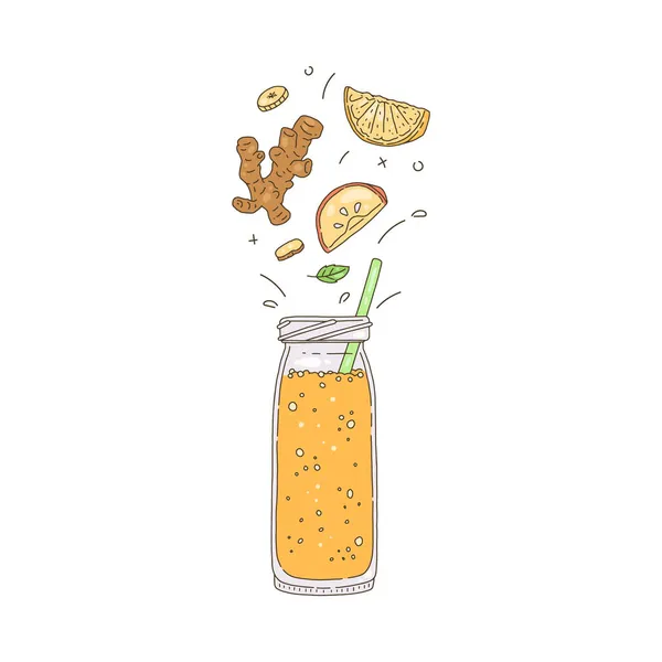 Detox smoothie in glass bottle and ingredient above, hand drawn doodle vector illustration isolated on white background. — Stock Vector