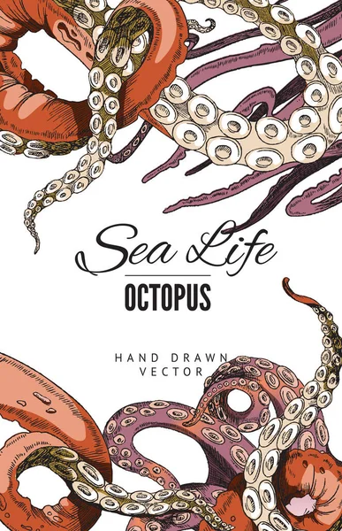 Tentáculos de un póster de pulpo sobre la vida marina. Tentáculos de sepia y calamar con ventosas dibujo vertical de tinta realista. — Vector de stock