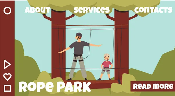 Adventure Park linowy w lesie z człowiekiem z kreskówki, chłopiec w płaskiej ilustracji wektor — Wektor stockowy
