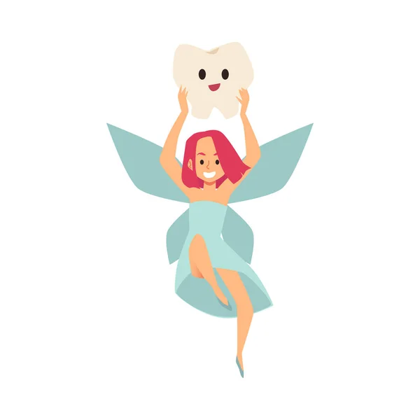 歯の妖精のフロントビュー、漫画のベクトルイラスト。頭の上に歯を持つ小さな空飛ぶ女の子. — ストックベクタ
