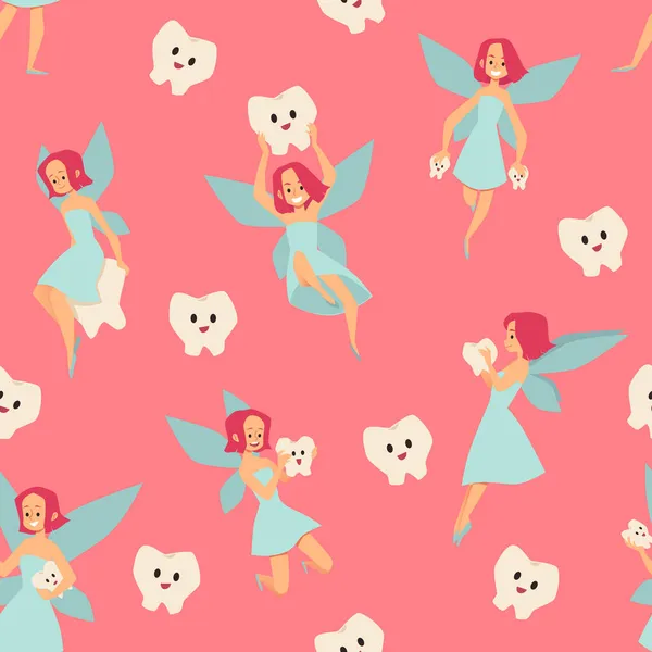 Tooth Fairy seamless vector pattern. Kids dental clinic stickers. Cartoon style flying fairy princess illustration. — Stock Vector