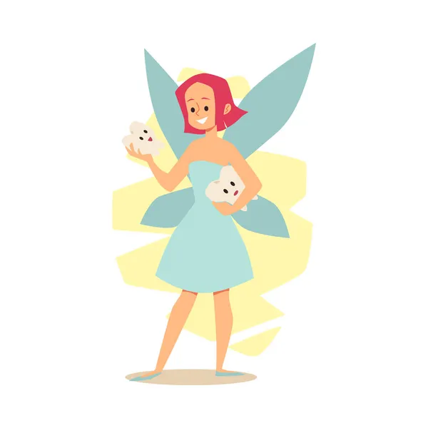 Redhead winged tooth fairy in blue dress standing front view and holding teeth with smiling faces in her hands. — Stock Vector