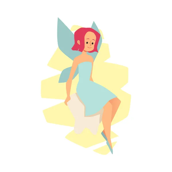 Fée des dents avec des ailes assises sur une dent. Affiche ou mascotte de clinique dentaire pour enfants, Princesse elfe volante en robe bleue — Image vectorielle