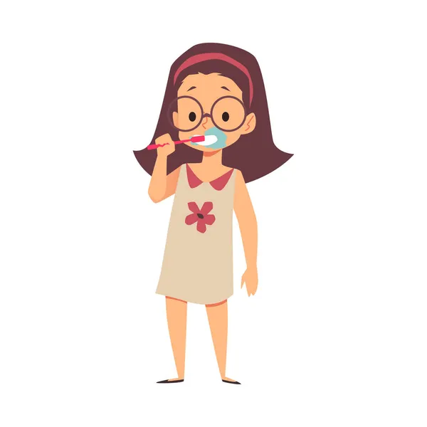 Маленька дівчинка мультиплікаційний персонаж чистить зуби плоскі Векторні ілюстрації ізольовані . — стоковий вектор