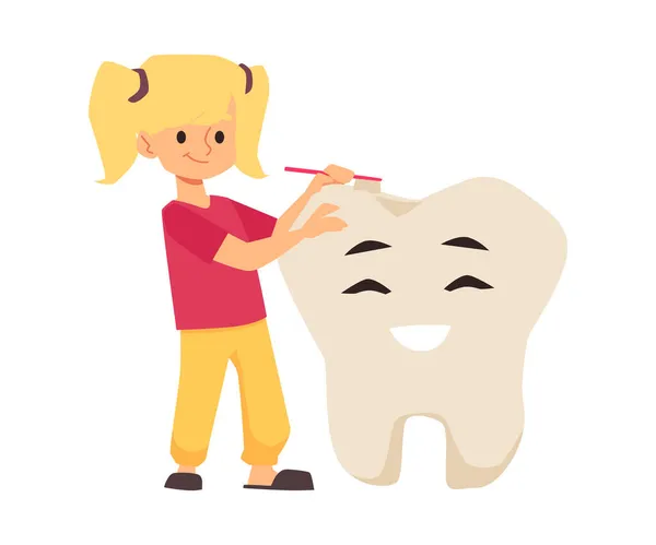 Cute little girl brushes big abstract tooth, flat vector illustration isolated on white background. — Stock Vector