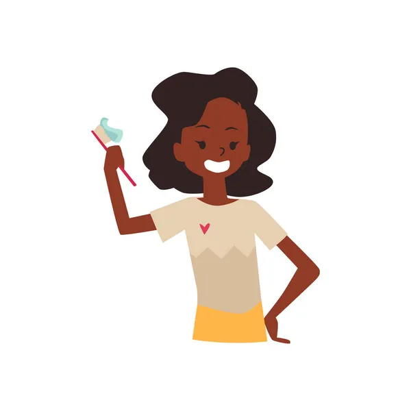 Petite fille afro-américaine avec brosse à dents, illustration vectorielle plate isolée. — Image vectorielle