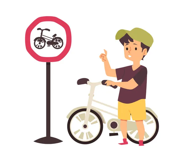 Menino com bicicleta perto do sinal de trânsito proibitivo, ilustração vetorial plana isolada em fundo branco. —  Vetores de Stock