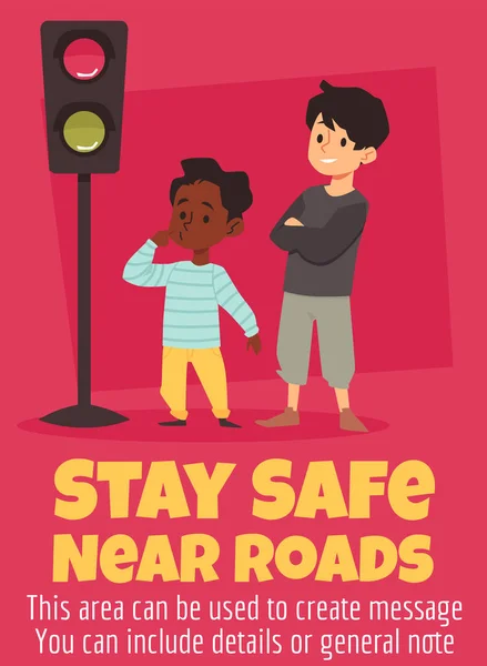 Safe traffic rules for kids card or banner, flat cartoon vector illustration. — Stock Vector