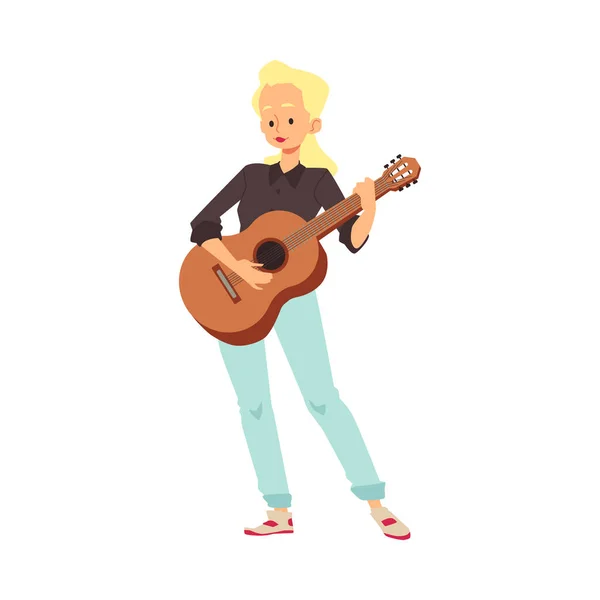 弹吉他的妇女或少女，平面卡通矢量图解孤立. — 图库矢量图片