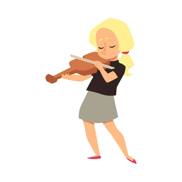 Παιδί κορίτσι χαρακτήρα παίζει βιολί, επίπεδη εικονογράφηση φορέα κινουμένων σχεδίων απομονωμένη. — Διανυσματικό Αρχείο