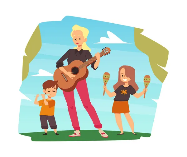 Niños músicos y profesor tocando la guitarra, vector plano ilustración aislado. — Vector de stock