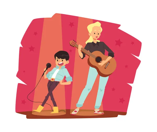 Muzikale uitvoering van kind met vocale show, platte vectorillustratie geïsoleerd. — Stockvector