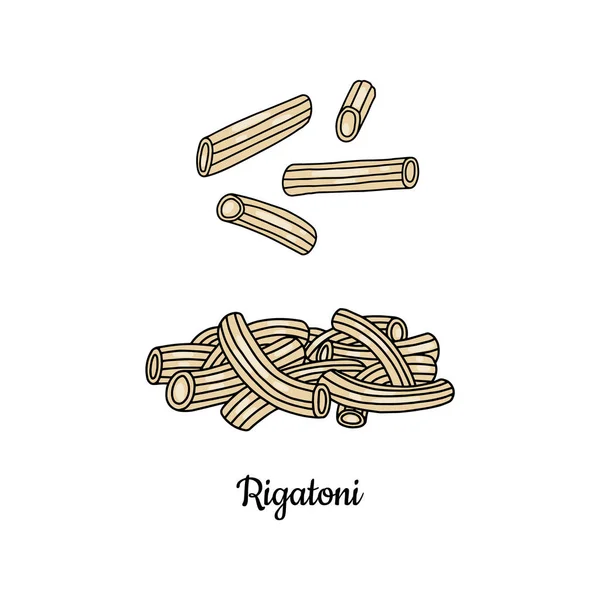 Rugatoni de pasta de trigo italiano rizado, ilustración vectorial en estilo de boceto aislado sobre fondo blanco. — Vector de stock