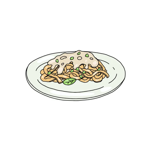 Plato de pasta Fettuccine con salsa de queso ilustración vectorial dibujada a mano aislada. — Archivo Imágenes Vectoriales