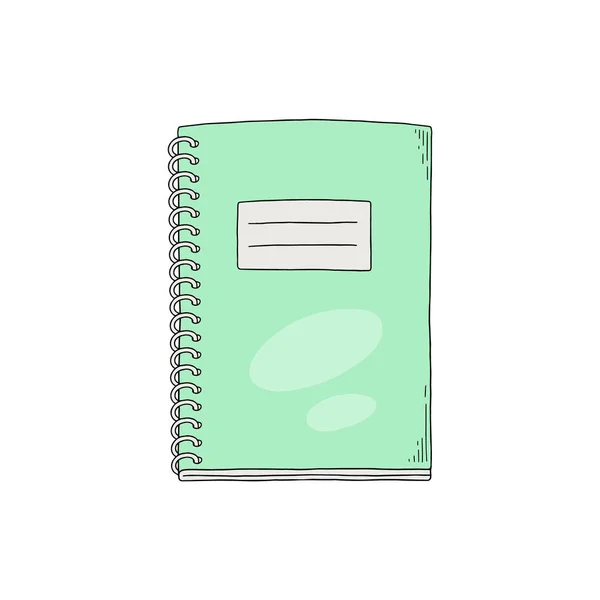 Caderno desenhado à mão esboço. Cor verde Classic School Ring Binder Spiral Notepad, ilustração do vetor doodle. — Vetor de Stock