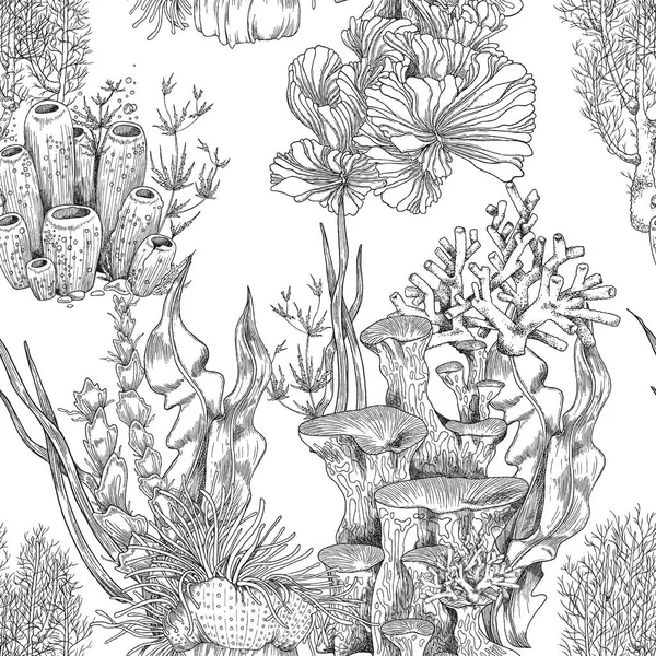 Нескінченний безшовний візерунок з рослинами коралових рифів, вінтажні Векторні ілюстрації . — стоковий вектор