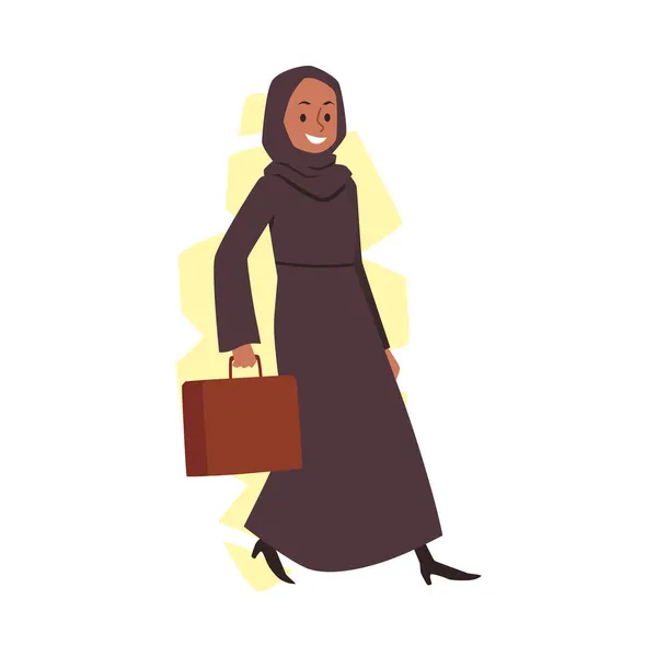 Feliz mulher de negócios em preto hijab detém pasta plana vetor ilustração isolado no fundo branco. —  Vetores de Stock