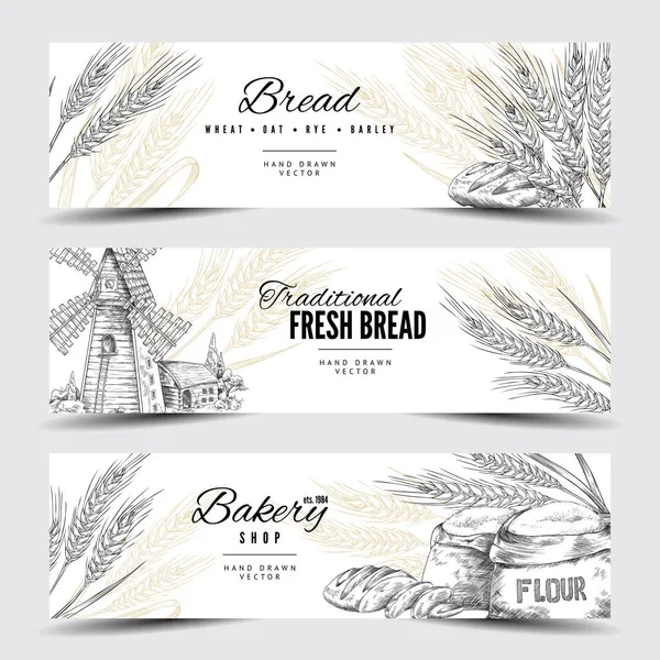 Bandeiras horizontais com espiguetas, pão, farinha, moinho para decoração de padaria —  Vetores de Stock