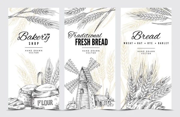 Verticale vintage banners voor bakkerij design in schets vector illustratie — Stockvector