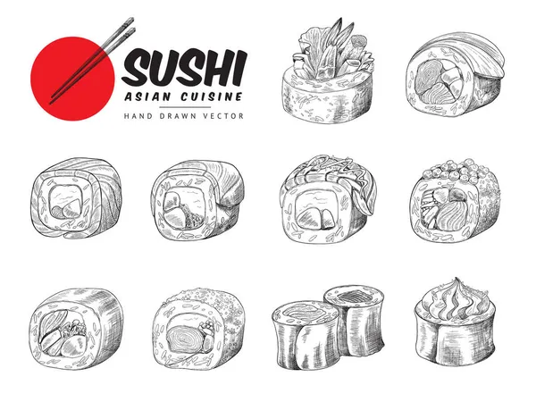 Insamling av handritad sushi, skiss gravyr vektor illustration isolerad. — Stock vektor