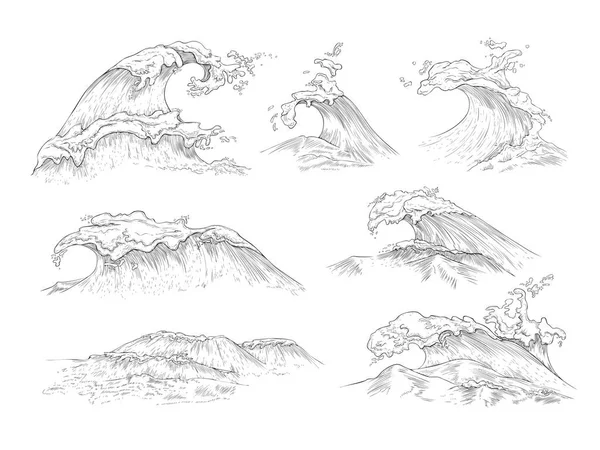 En uppsättning havs- eller havsvågor med marint skum en vektor skiss illustrationer. — Stock vektor