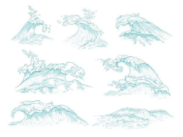 带泡沫的风暴中的一组蓝色海浪或海浪，在线条草图中飞溅 — 图库矢量图片