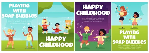 Uppsättning banderoller eller kort med glada glada glada barn platt vektor illustration. — Stock vektor