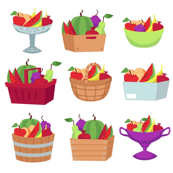 Set of baskets, vases and boxes with harvest fresh fruits for healthy nutrition. — Stock Vector